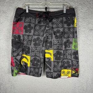 Y2K Quiksilver Men Board Shorts 35 Black Grey Floral Tribal Hibiscus Swim Trunks